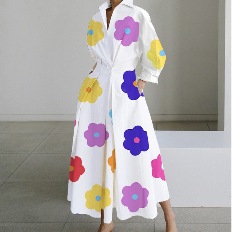 Maxi Dress with Shirt Collar and Gathered Waist for Womens