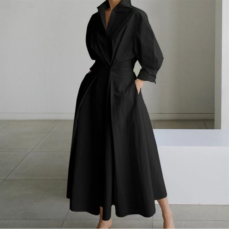 Maxi Dress with Shirt Collar and Gathered Waist for Womens