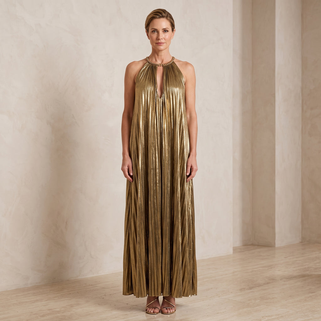 Pleated Metallic Halter Maxi Dress with Open Back for Women