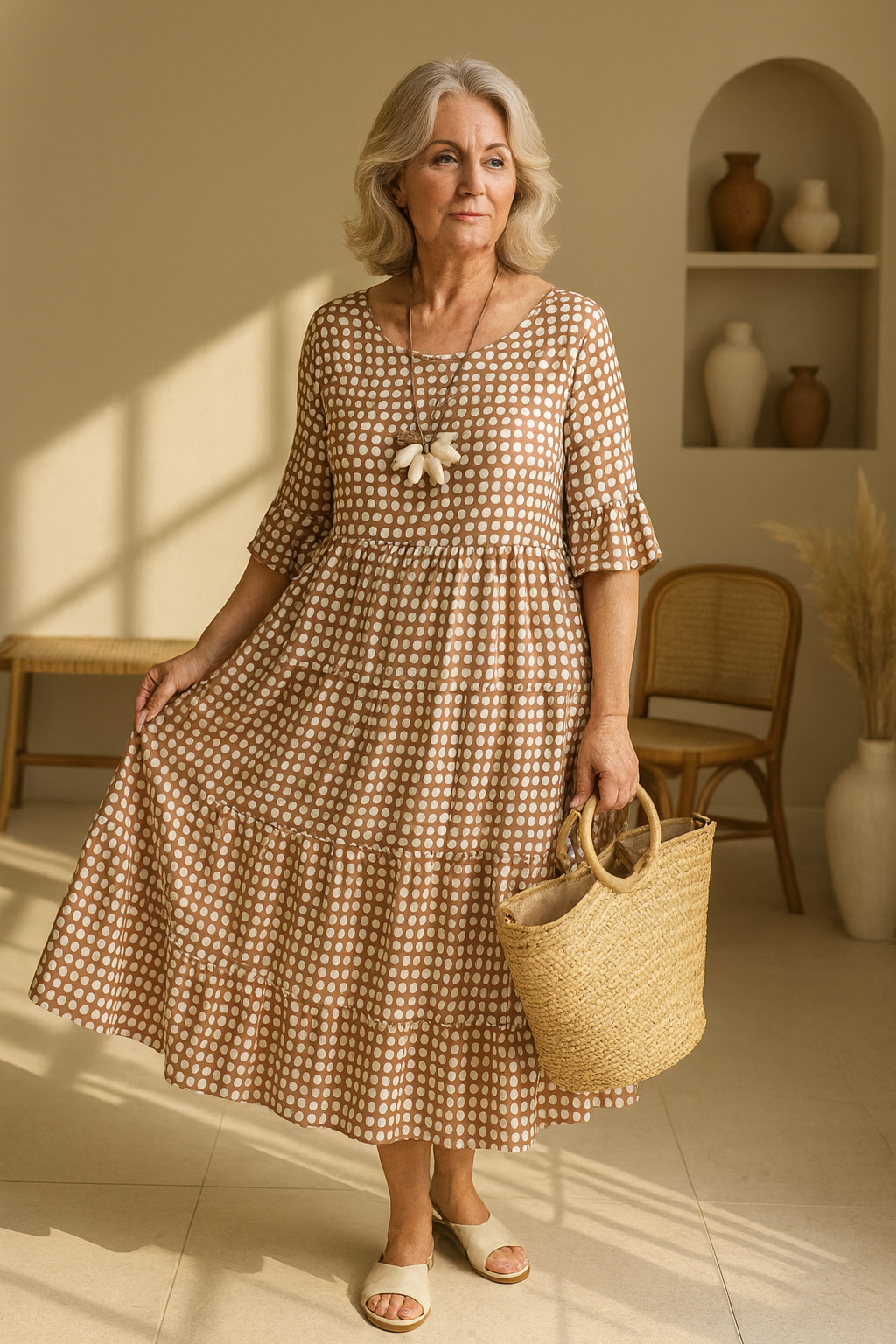 Midi Dress with Dot Pattern and Tiered Skirt for Womens