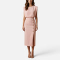 Midi Dress with Padded Shoulders and Side Buttons for women