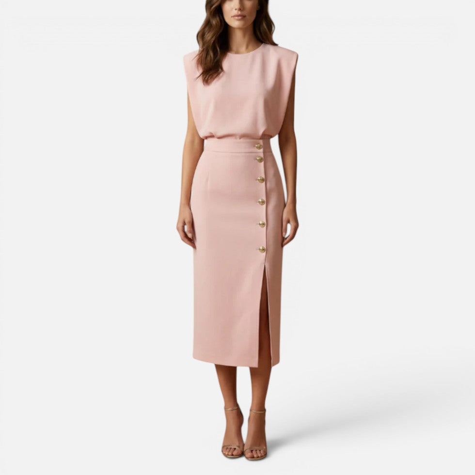 Midi Dress with Padded Shoulders and Side Buttons for women