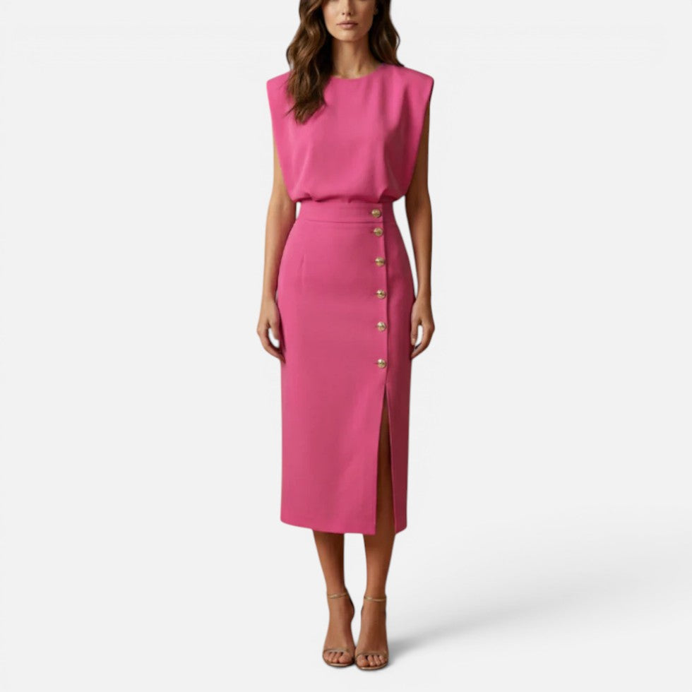 Midi Dress with Padded Shoulders and Side Buttons for women