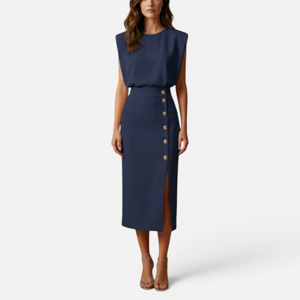 Midi Dress with Padded Shoulders and Side Buttons for women