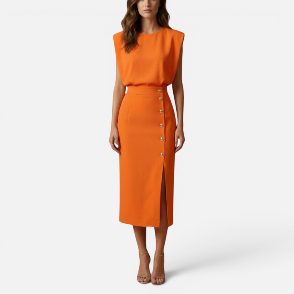 Midi Dress with Padded Shoulders and Side Buttons for women