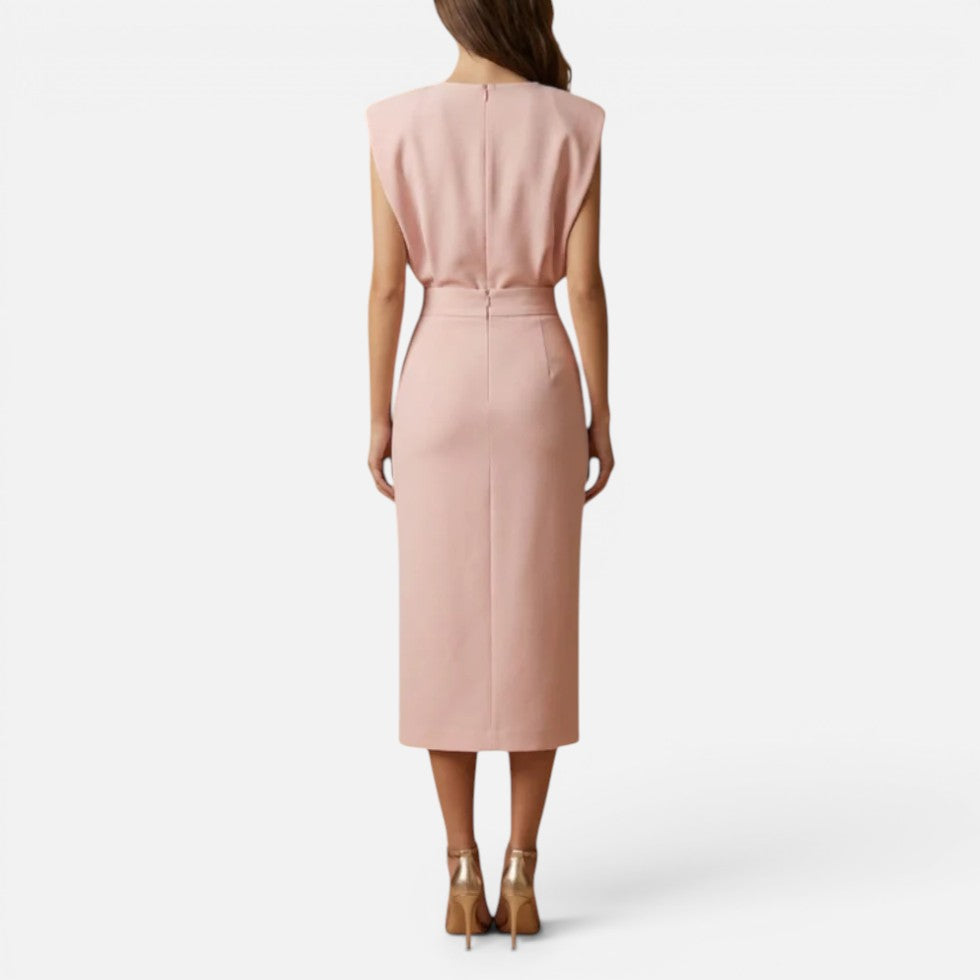 Midi Dress with Padded Shoulders and Side Buttons for women