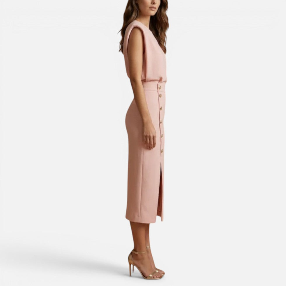 Midi Dress with Padded Shoulders and Side Buttons for women