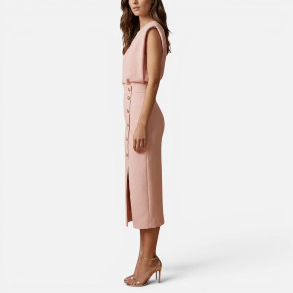Midi Dress with Padded Shoulders and Side Buttons for women