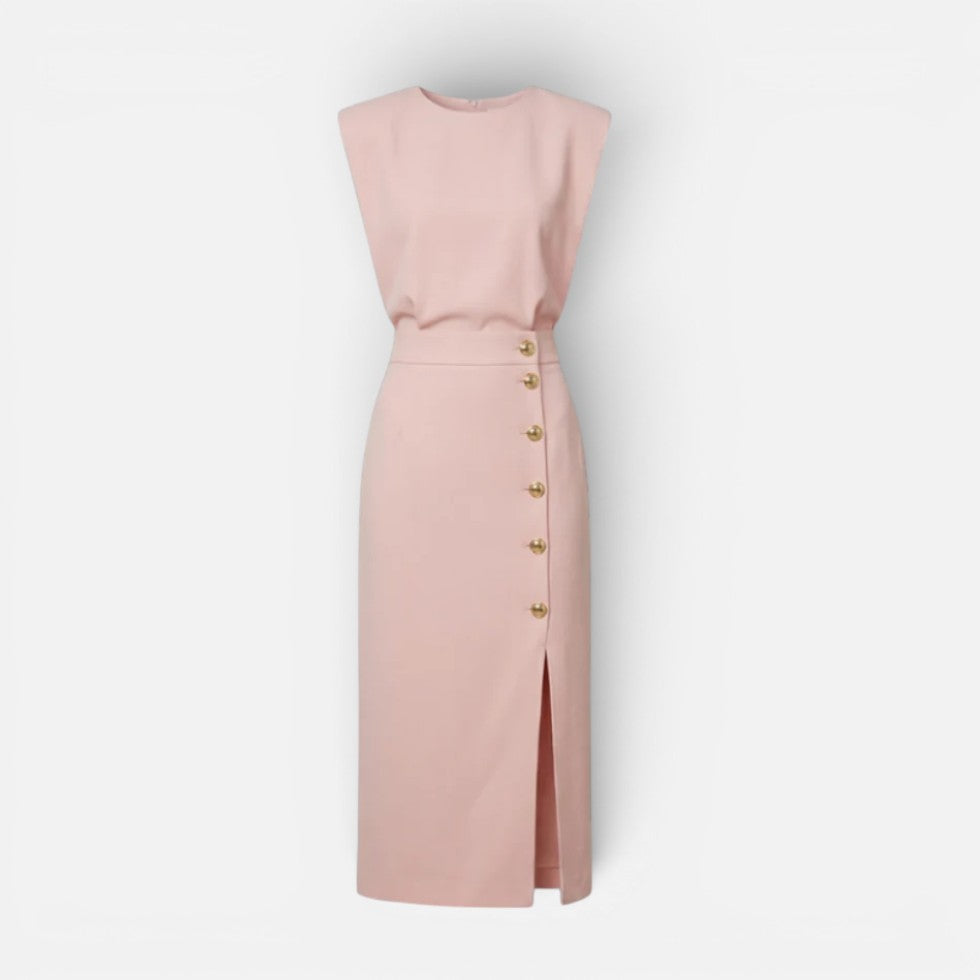 Midi Dress with Padded Shoulders and Side Buttons for women
