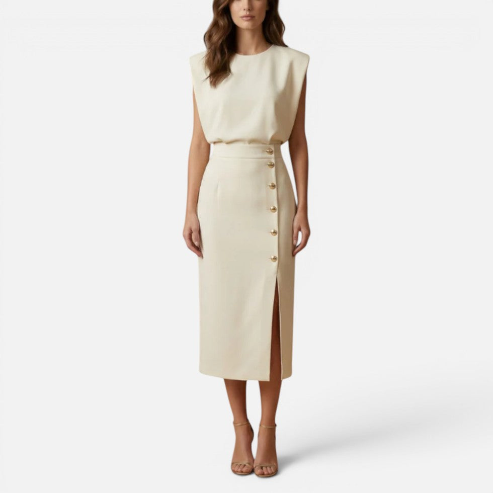 Midi Dress with Padded Shoulders and Side Buttons for women