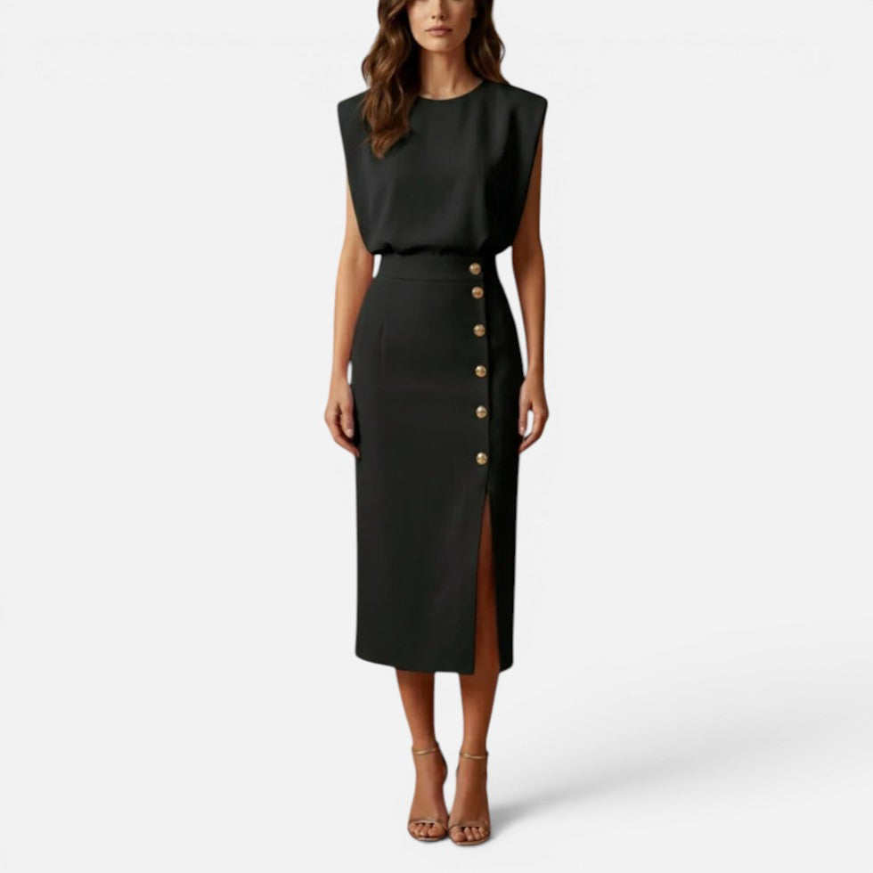 Midi Dress with Padded Shoulders and Side Buttons for women