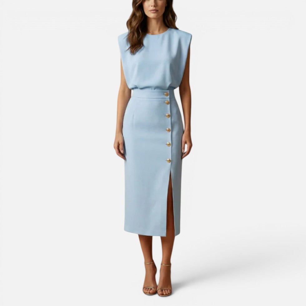 Midi Dress with Padded Shoulders and Side Buttons for women