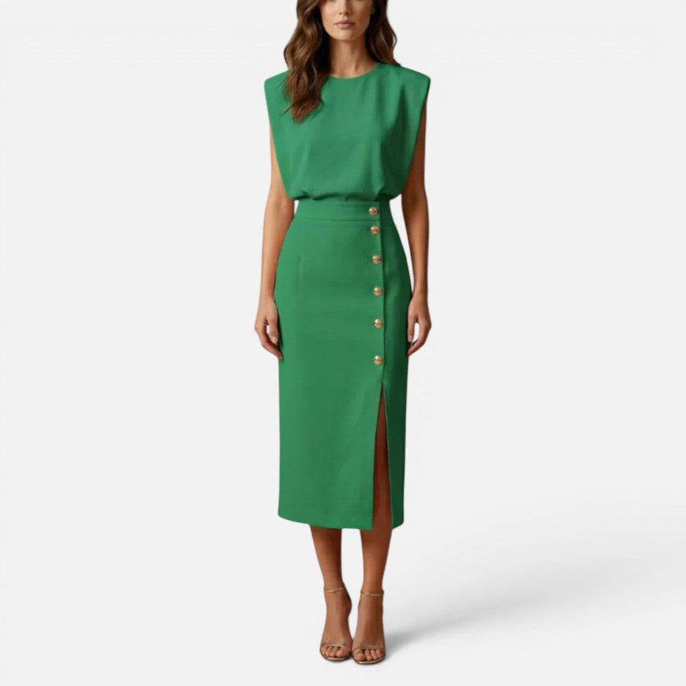 Midi Dress with Padded Shoulders and Side Buttons for women