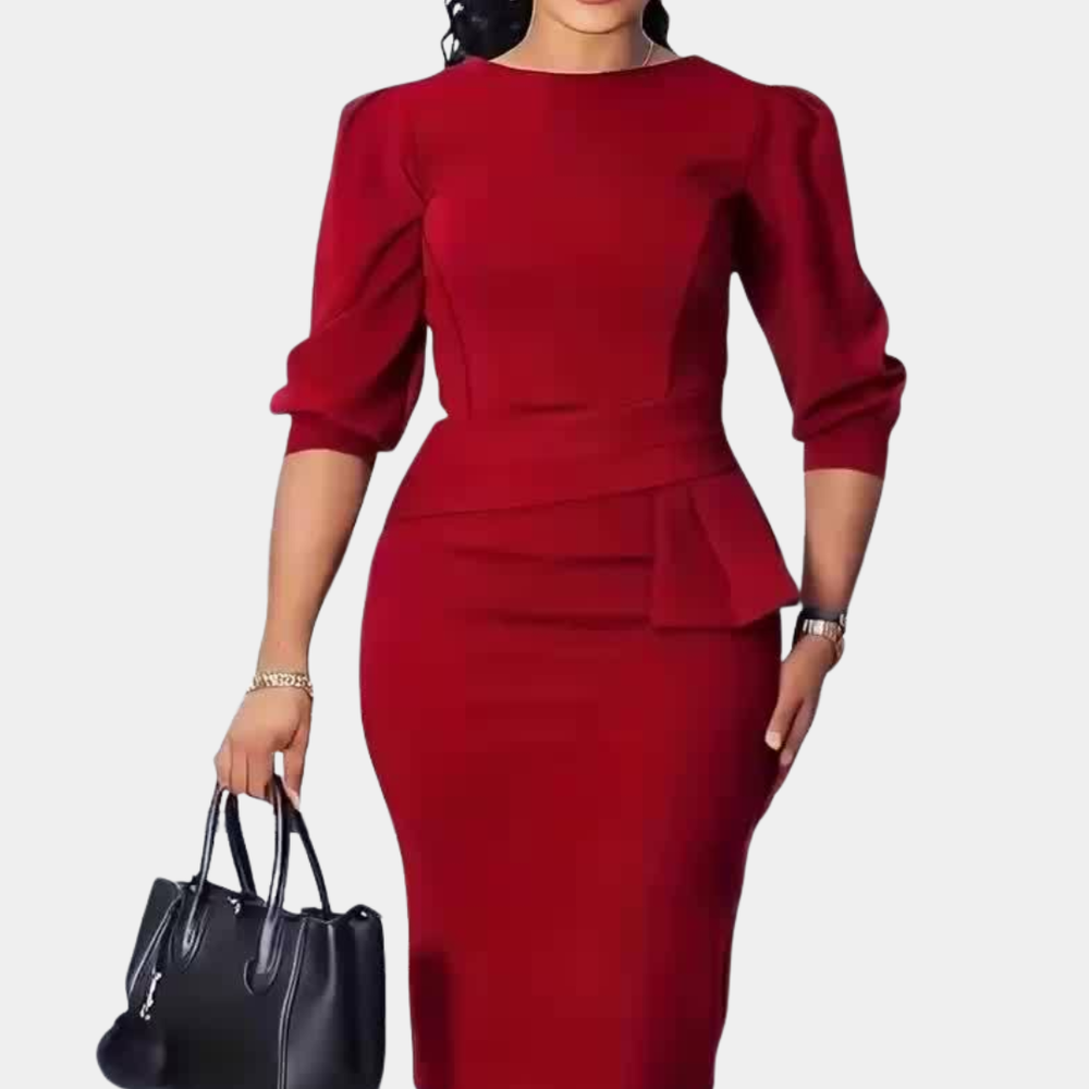 Midi Dress with Peplum Waist and Round Neck for Womens