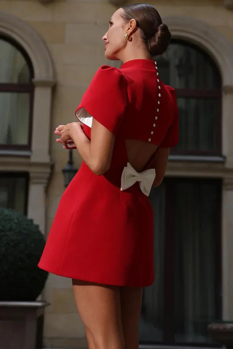 Mini Dress with Puff Sleeves and Back Bow Detail for women