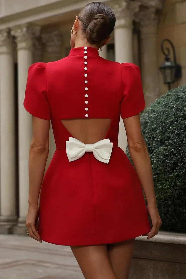 Mini Dress with Puff Sleeves and Back Bow Detail for women
