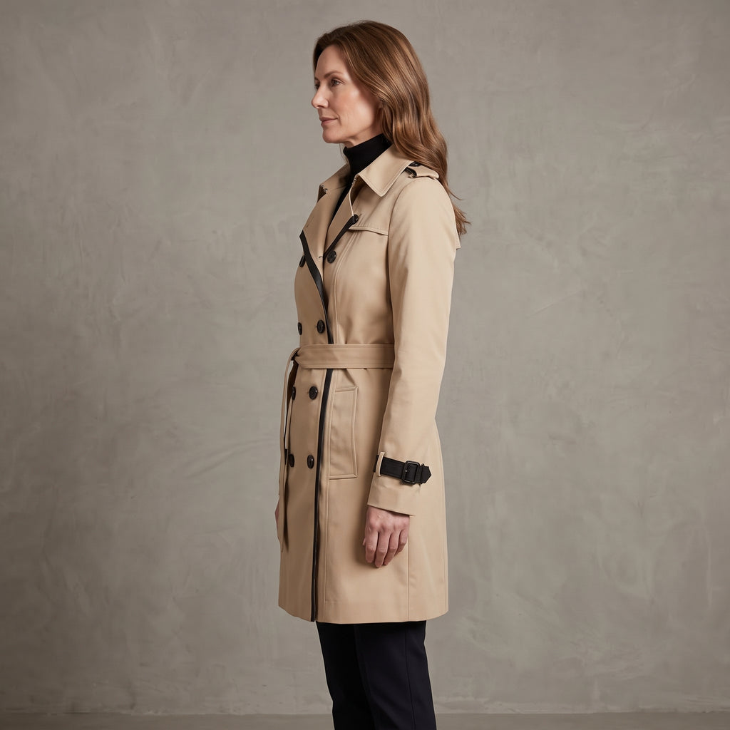 Belted Trench Coat with Notched Lapel Collar for Women