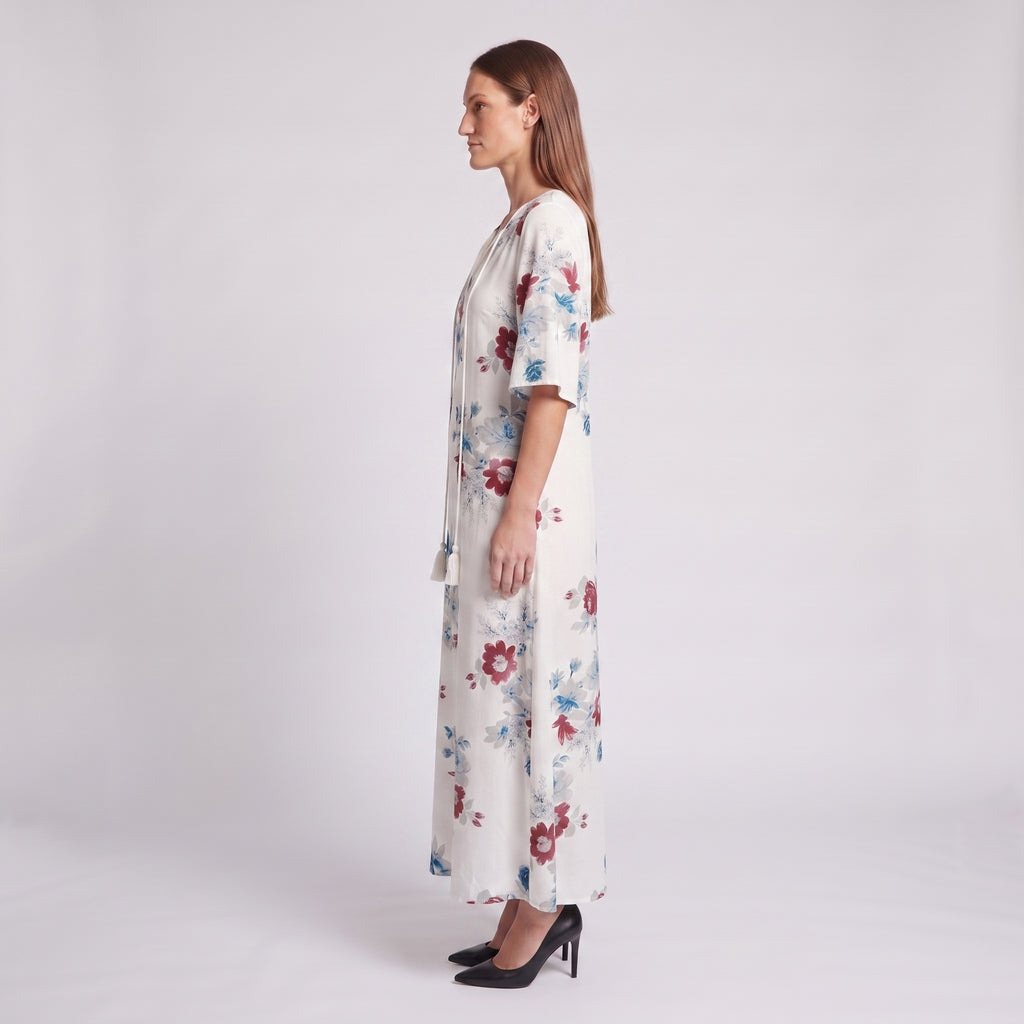Relaxed Floral Maxi Dress with Tassel Tie V-Neckline for Women