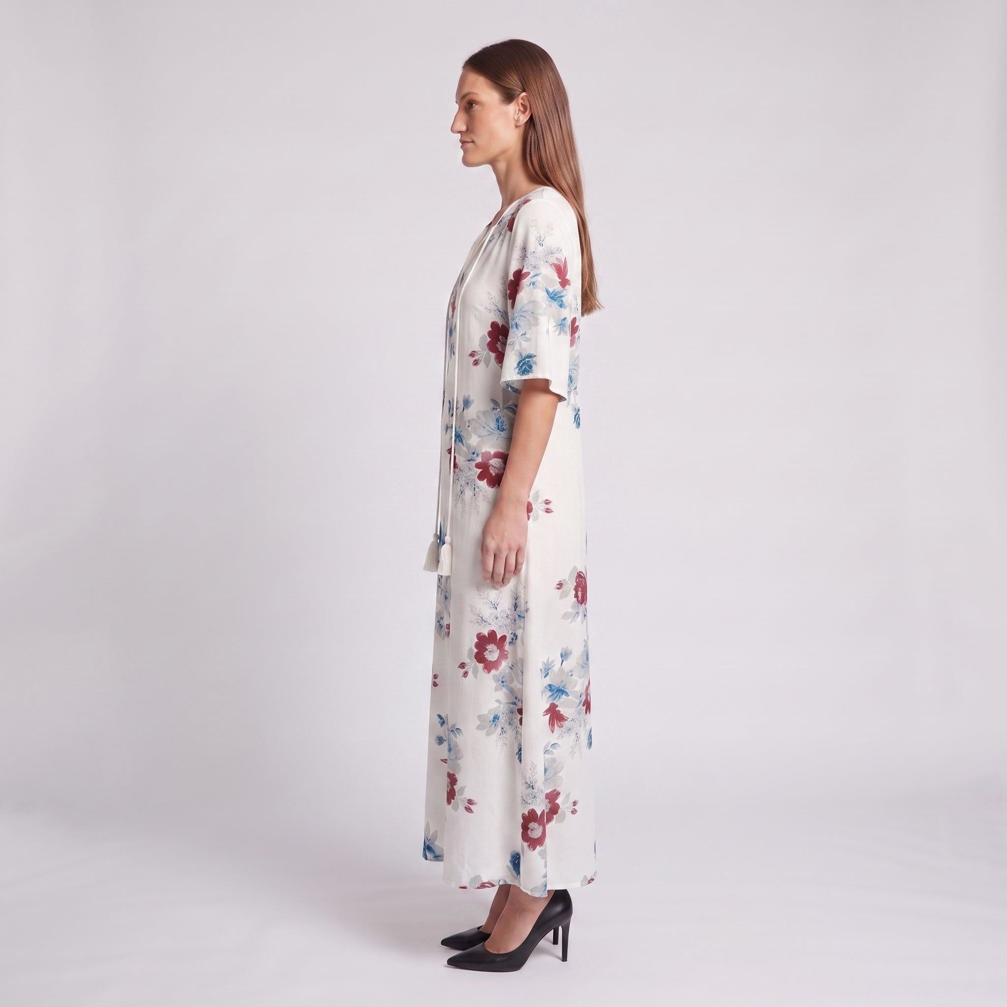 Relaxed Floral Maxi Dress with Tassel Tie V-Neckline for Women