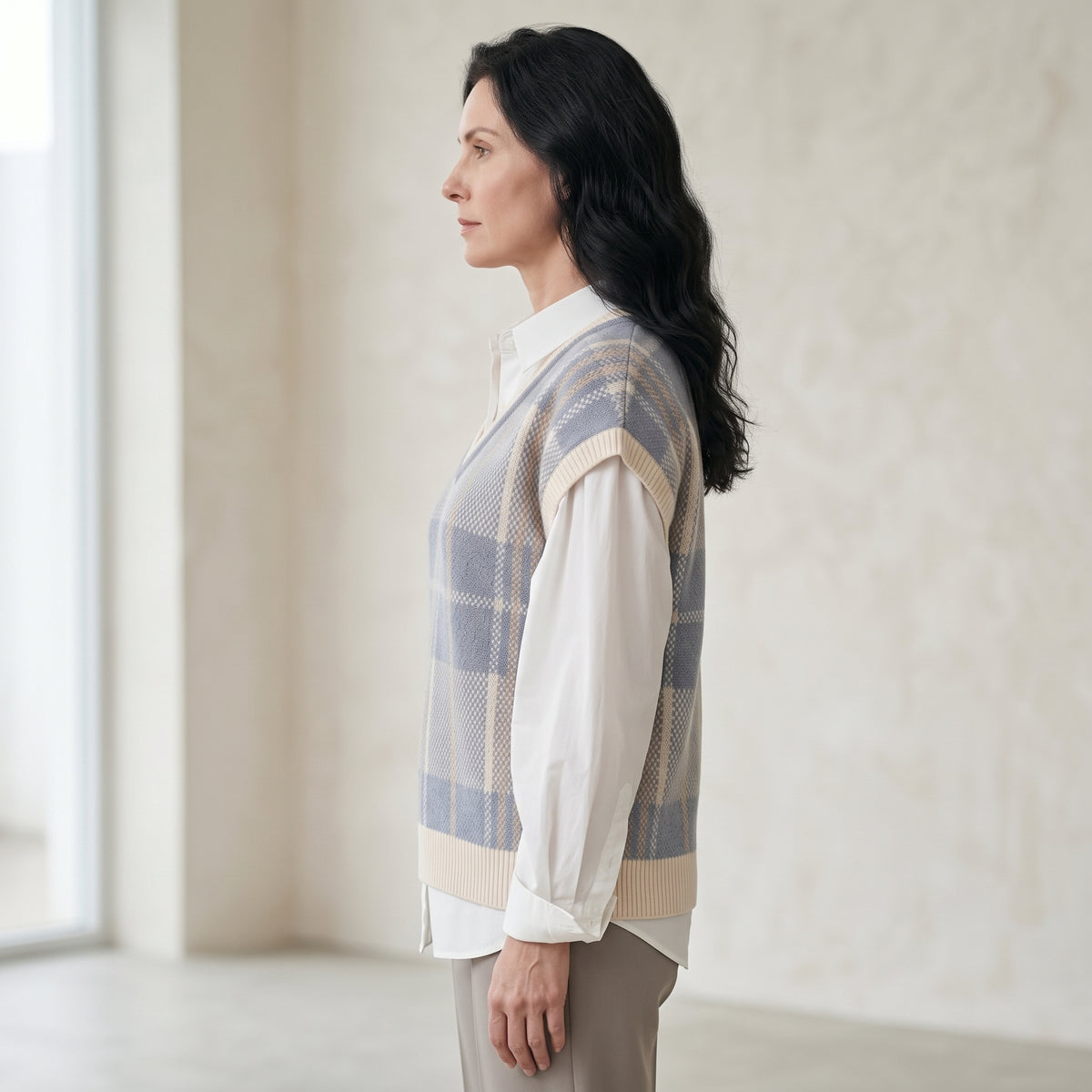 Plaid Knit Sweater Vest with Ribbed V-Neckline for Women