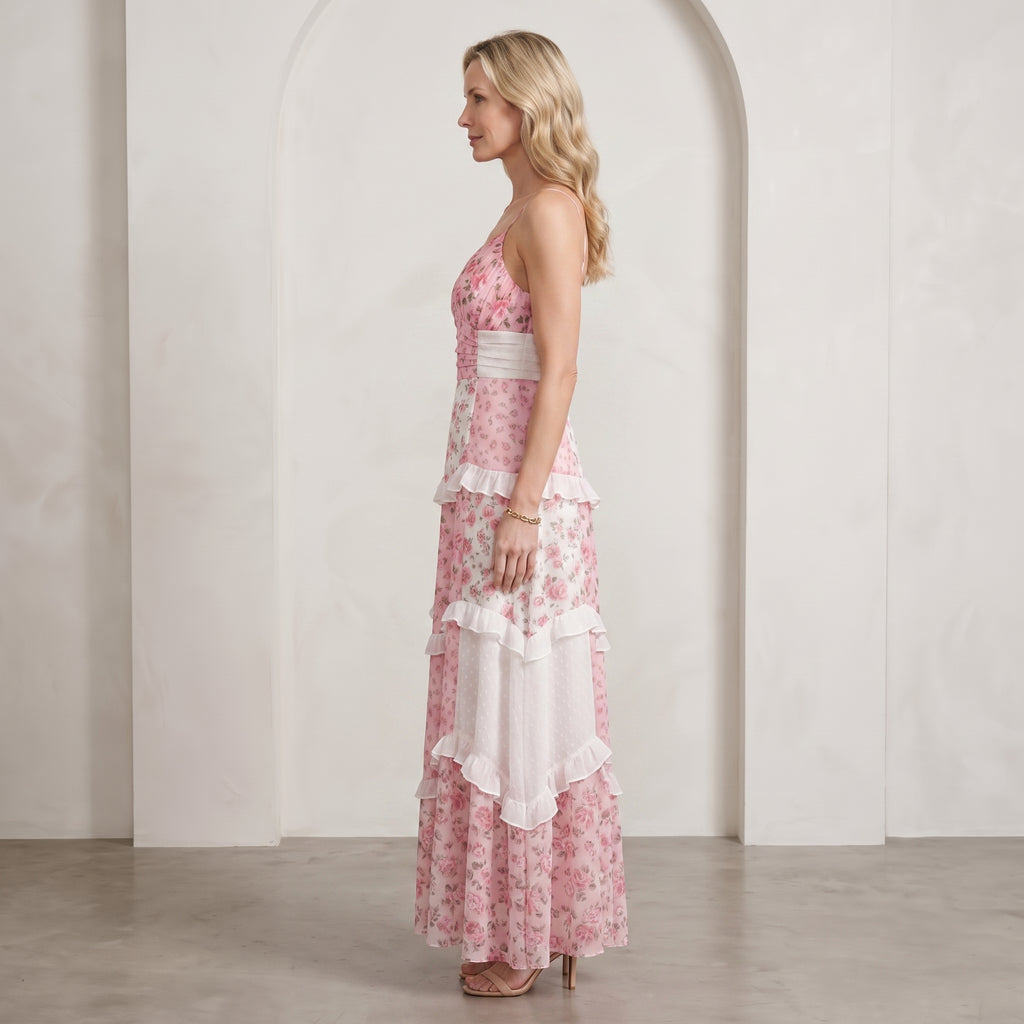 Floral Print Maxi Dress with Tiered Ruffle Skirt for Women