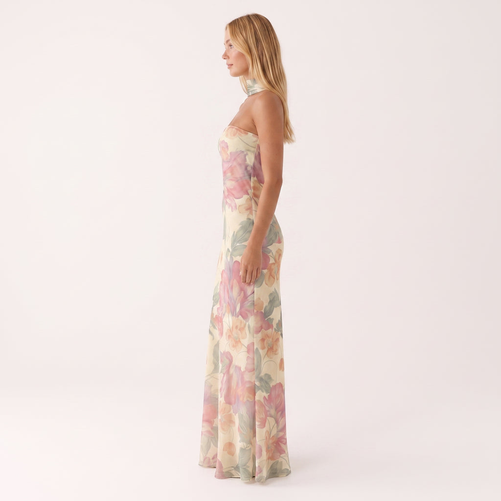Floral Print Maxi Dress with Matching Neck Scarf for Women