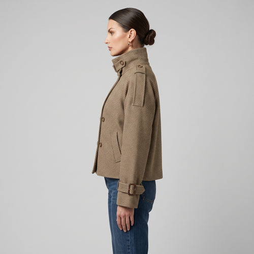 Check Pattern Cropped Jacket with Stand Collar for Women