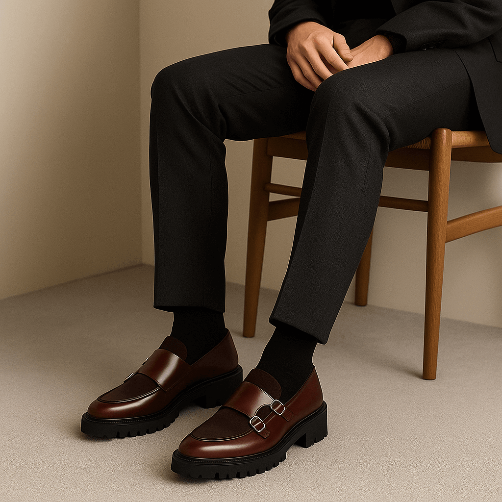 Monk Strap Loafers with Double Buckles and Lug Sole for Men