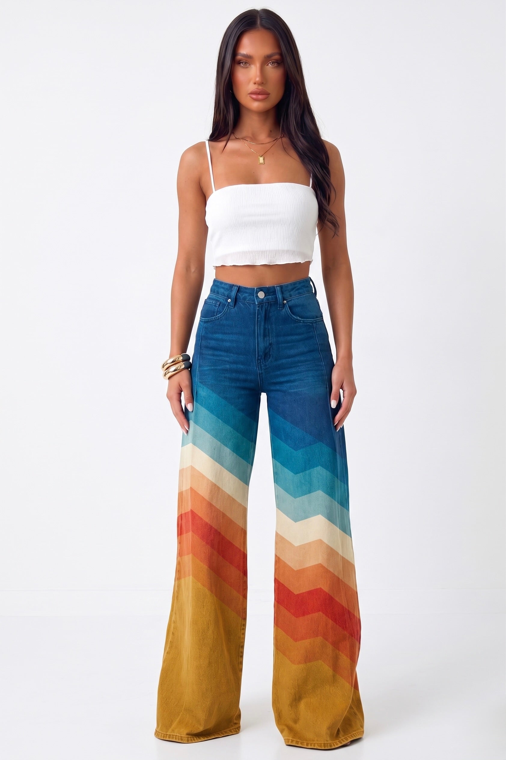 Multicolor Zigzag Pattern Wide-Leg Trousers with Front Pockets for Women