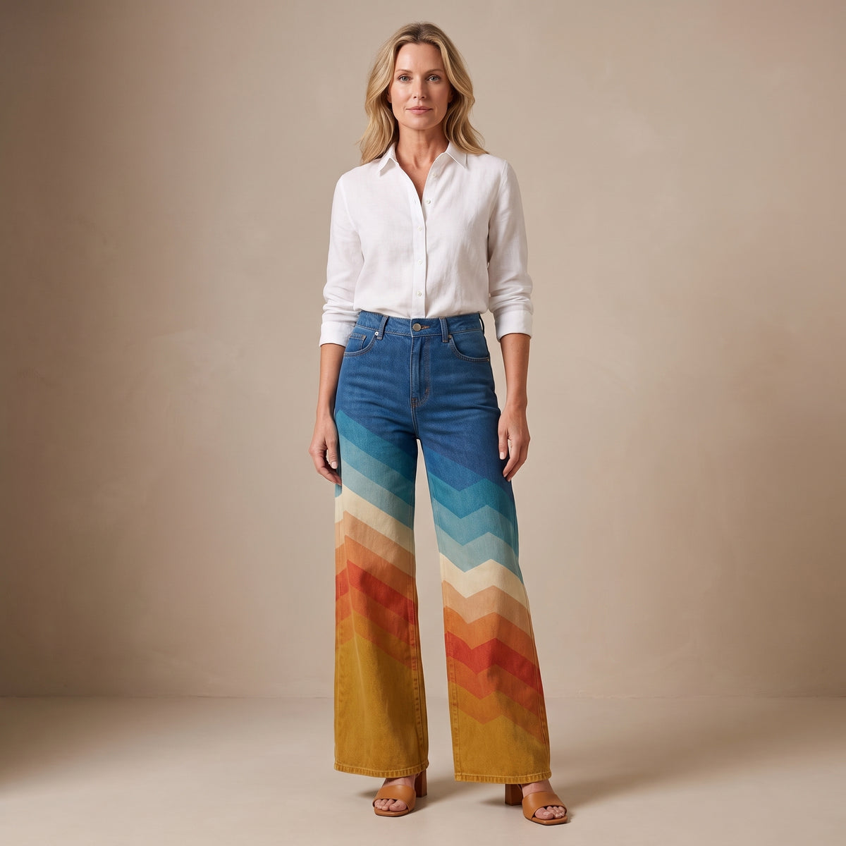 Multicolor Zigzag Pattern Wide-Leg Trousers with Front Pockets for Women