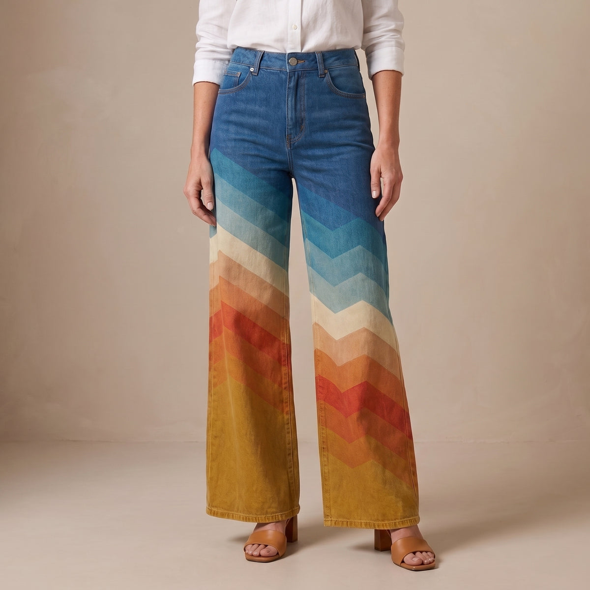 Multicolor Zigzag Pattern Wide-Leg Trousers with Front Pockets for Women