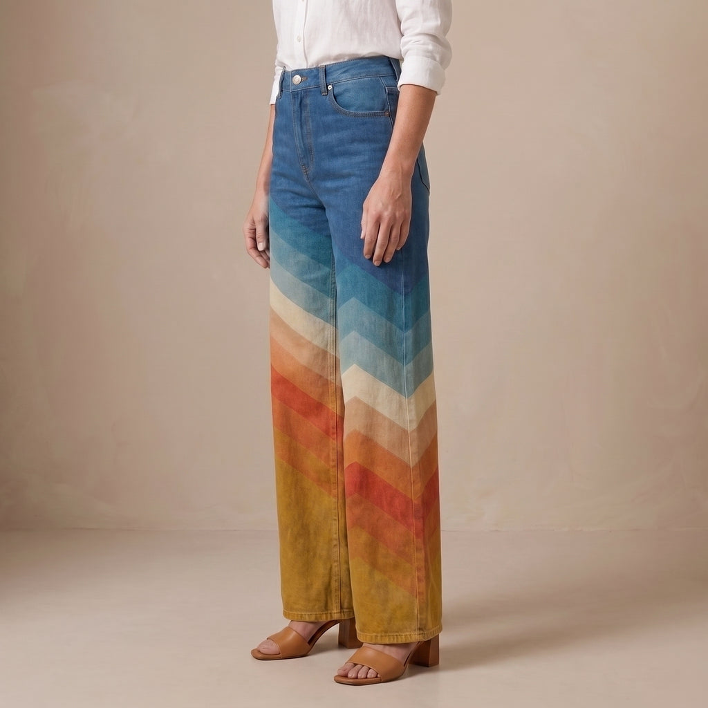 Multicolor Zigzag Pattern Wide-Leg Trousers with Front Pockets for Women
