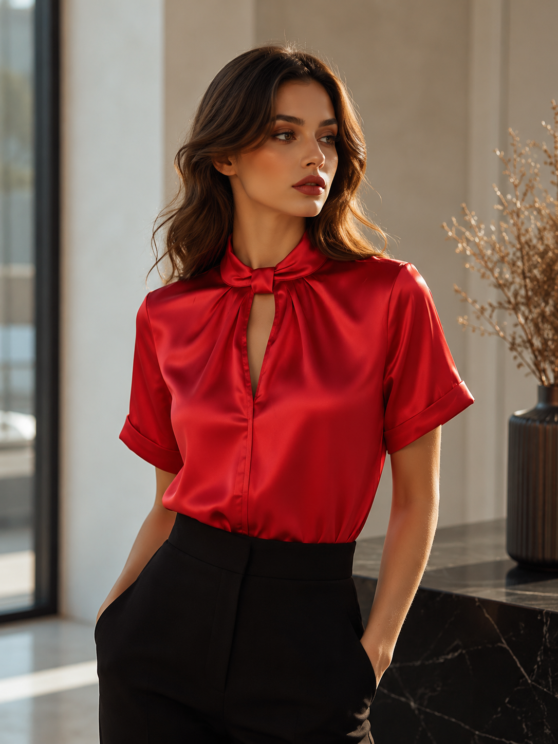 Nala | Elegant satin blouse with a modern keyhole neckline