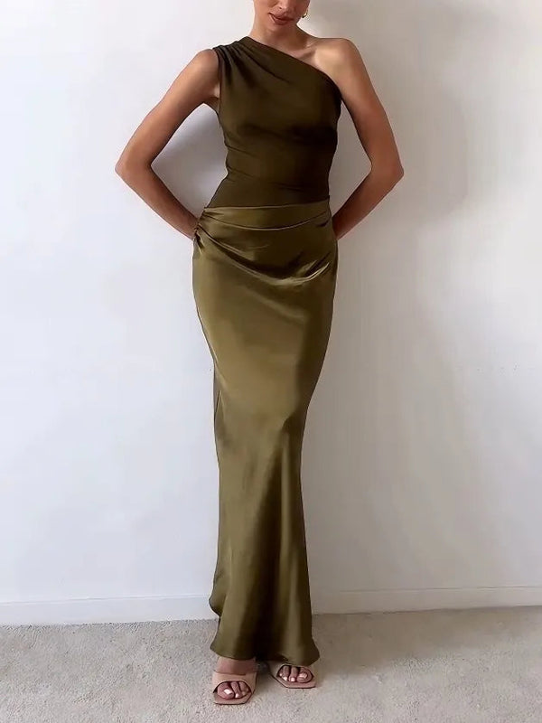 One-Shoulder Maxi Dress with Gathered Waist Detail for Women