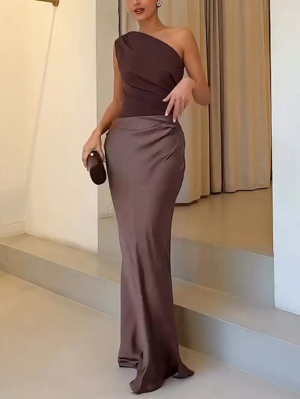 One-Shoulder Maxi Dress with Gathered Waist Detail for Women