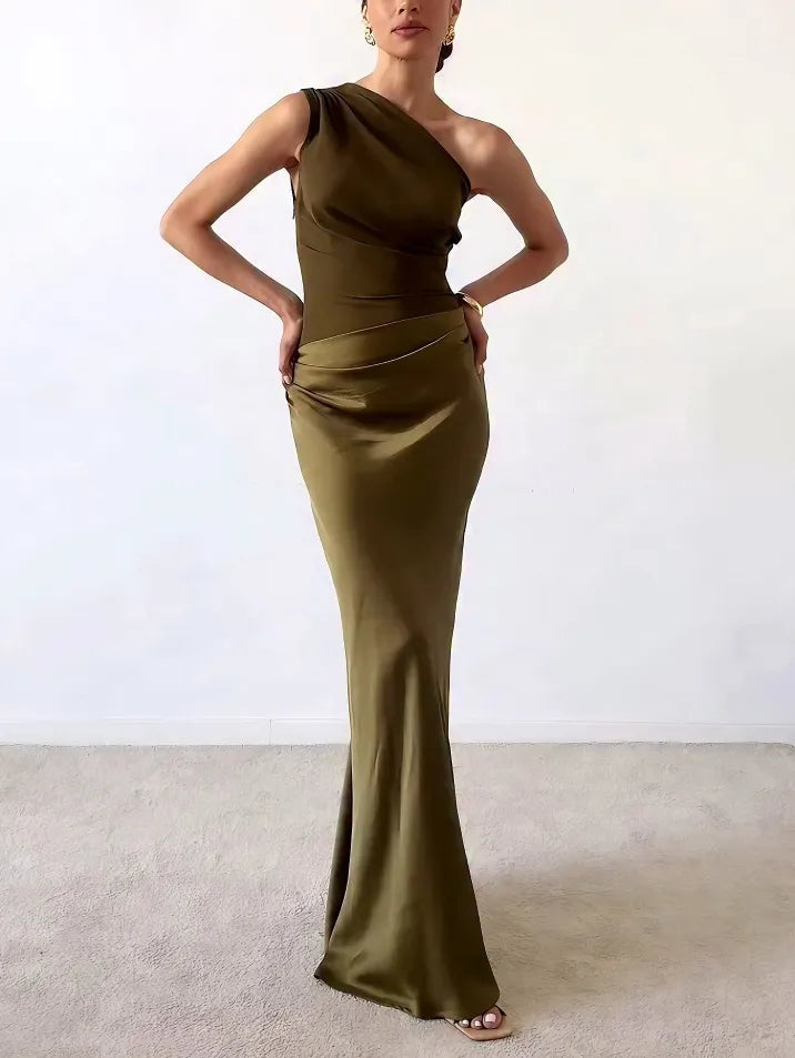 One-Shoulder Maxi Dress with Gathered Waist Detail for Women