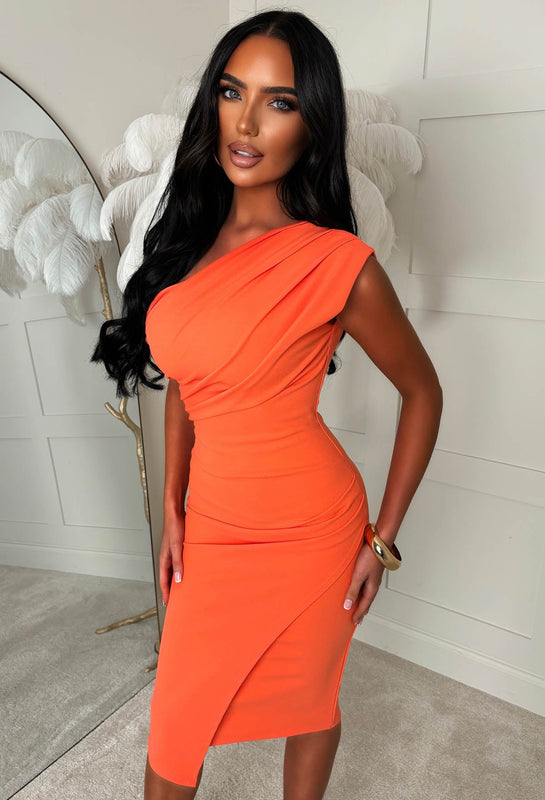 One-Shoulder Midi Dress with Asymmetric Hem for Women