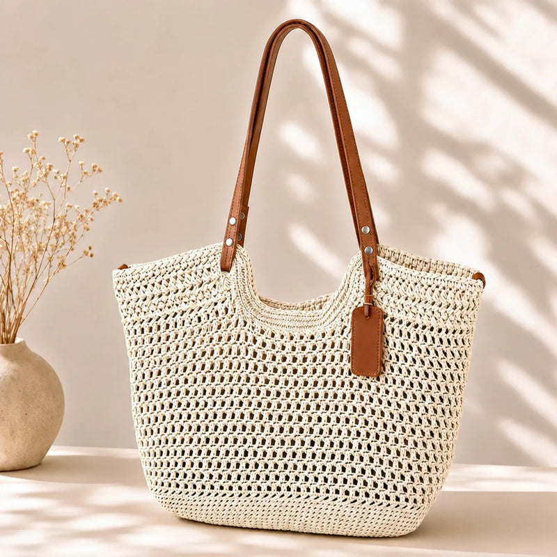 Open-Weave Tote Bag with Long Shoulder Straps for Women