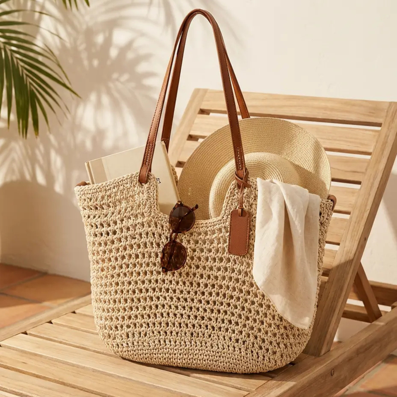 Open-Weave Tote Bag with Long Shoulder Straps for Women