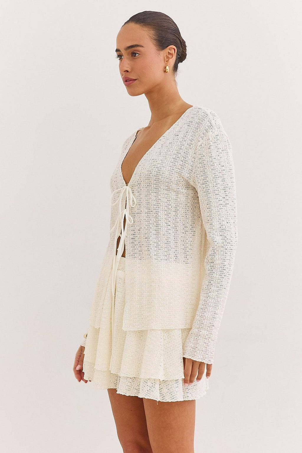 Openwork Knit Cardigan with V-Neckline for Women