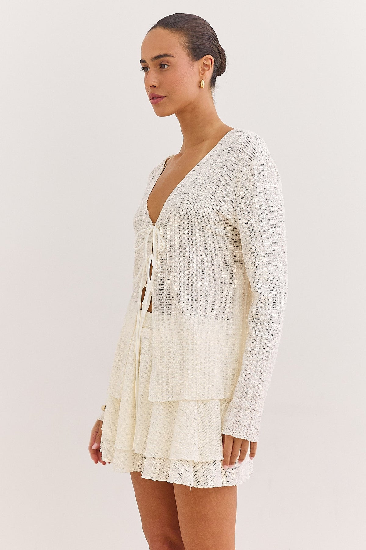 Openwork Knit Cardigan with V-Neckline for Women