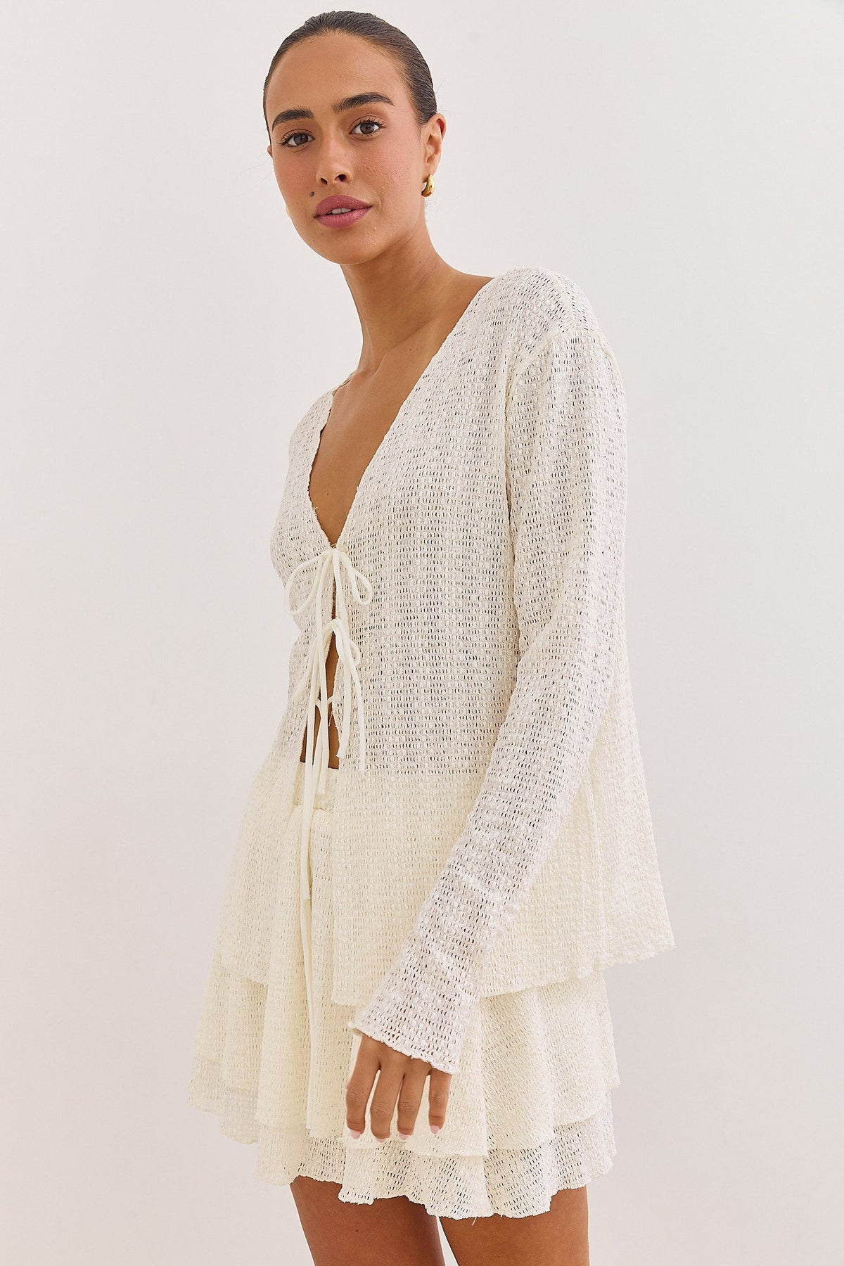 Openwork Knit Cardigan with V-Neckline for Women