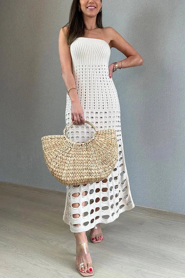 Openwork Knit Maxi Dress with Strapless Neckline for Women