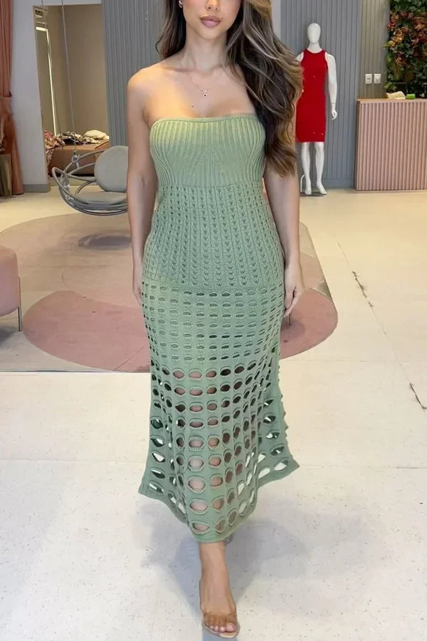 Openwork Knit Maxi Dress with Strapless Neckline for Women