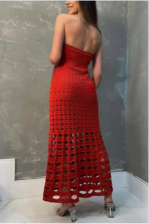 Openwork Knit Maxi Dress with Strapless Neckline for Women