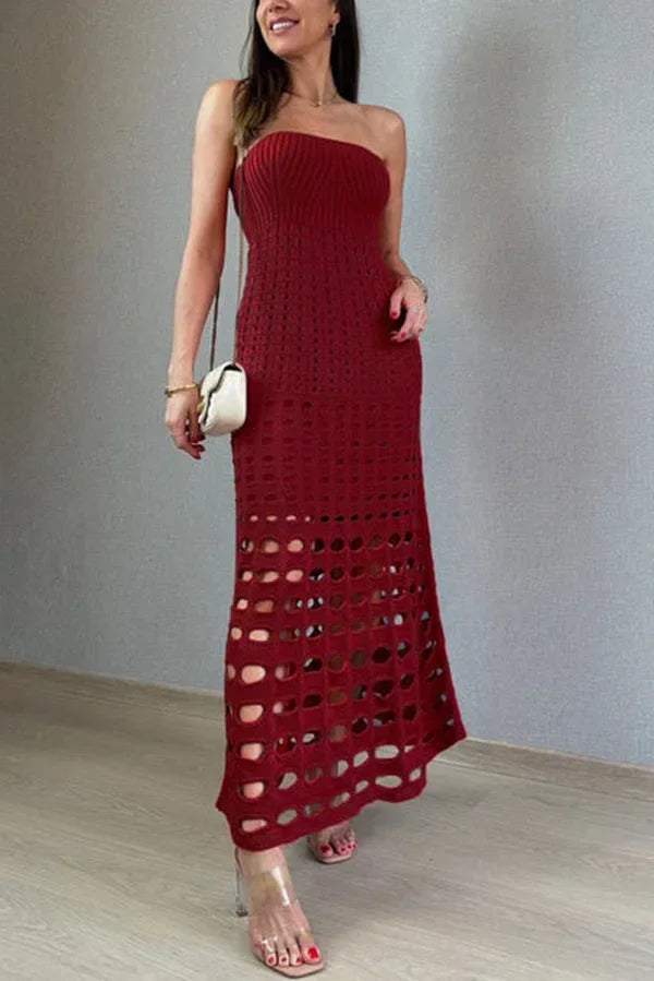Openwork Knit Maxi Dress with Strapless Neckline for Women
