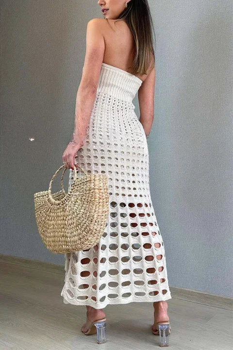 Openwork Knit Maxi Dress with Strapless Neckline for Women
