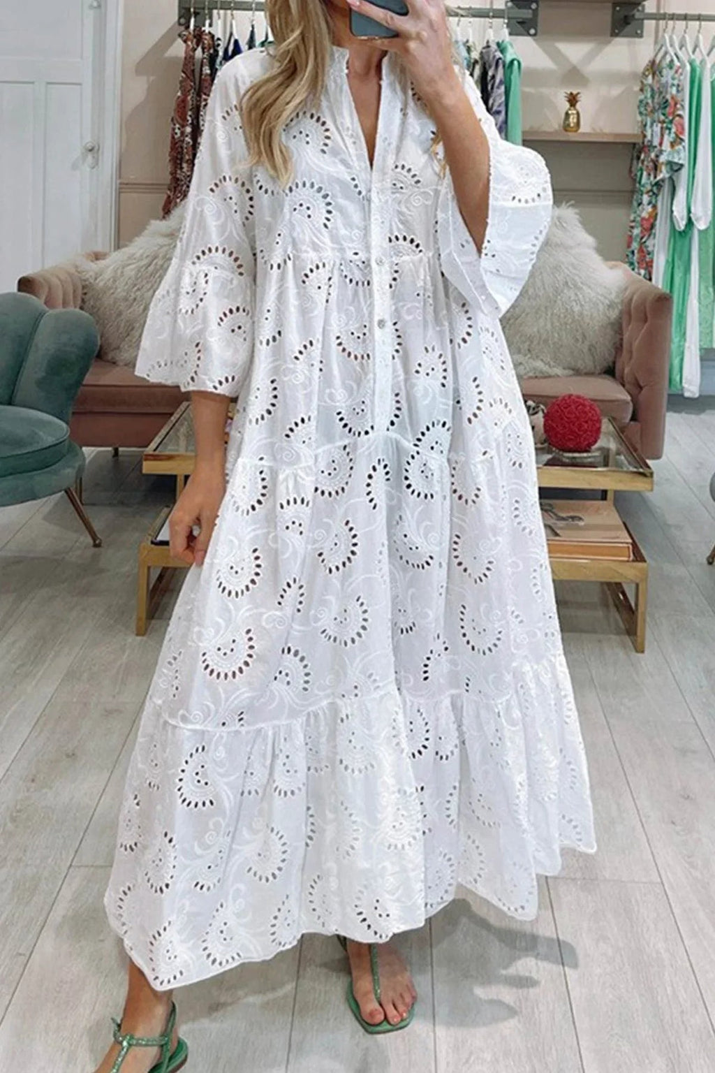 Openwork Long Dress with V-Neckline for Women