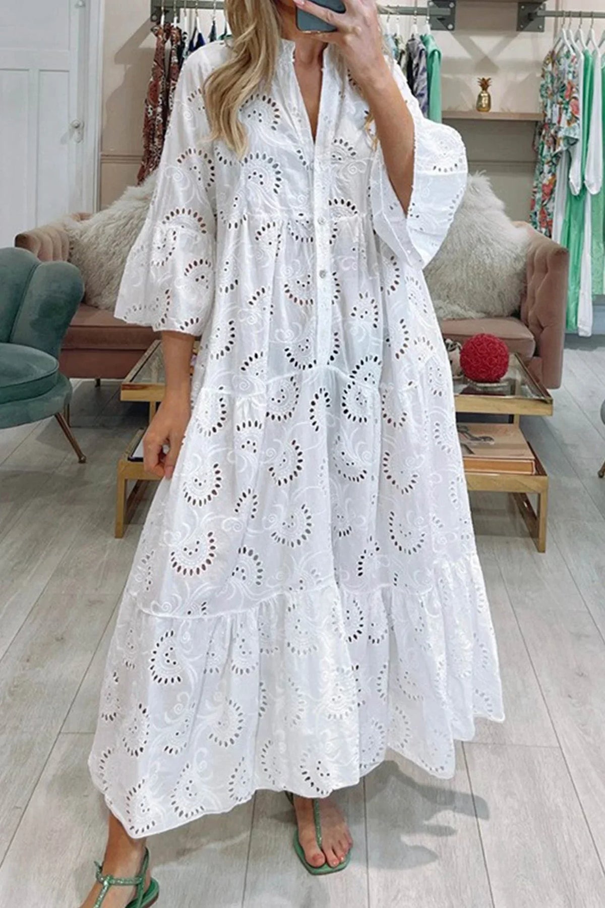 Openwork Long Dress with V-Neckline for Women
