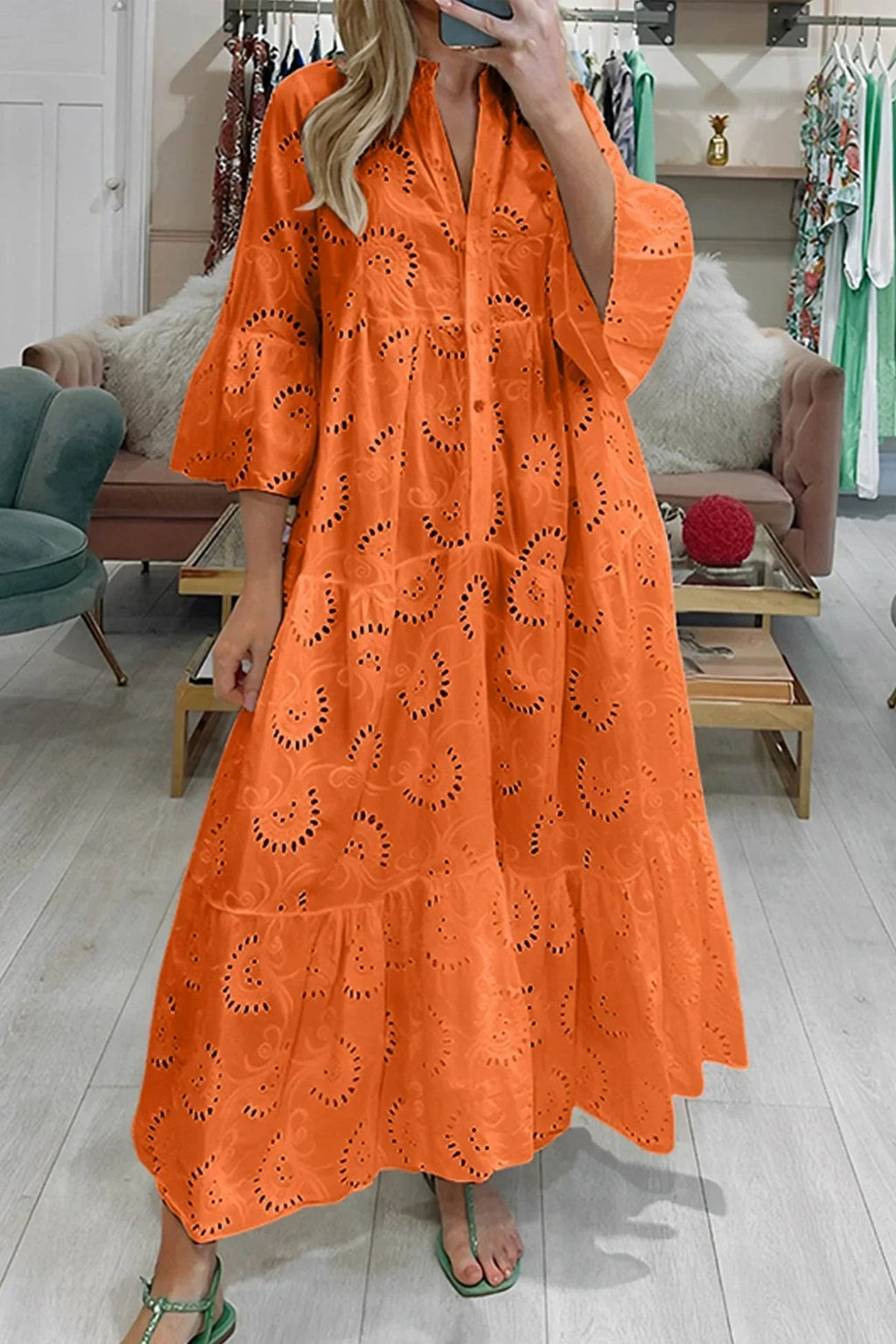 Openwork Long Dress with V-Neckline for Women